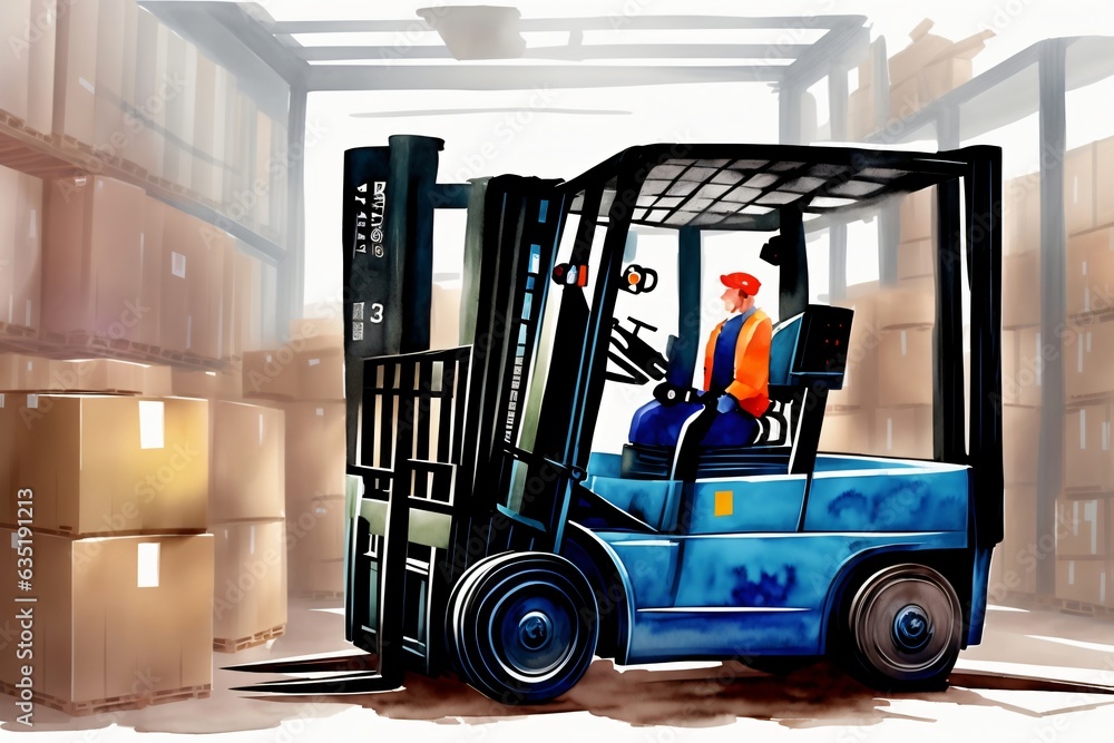 A Man Driving A Forklift In A Warehouse A Man Driving A Forklift In A Warehouse