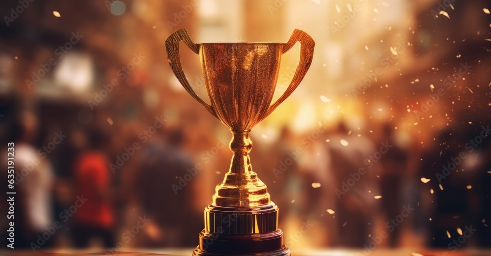 Trophy cup with gold confetti flying around people's hands holding it up Trophy cup with gold confetti flying around people's hands holding it up