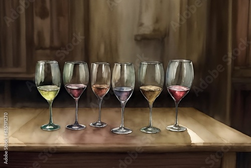A Row Of Wine Glasses Sitting On Top Of A Wooden Table