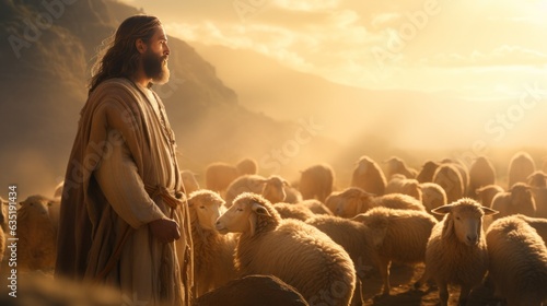 Jesus shepherding the sheep in evening sky