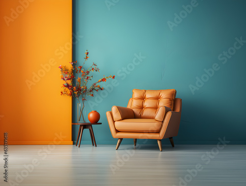 Interior colorful yellow armchair furniture on empty wall mid century living room decoration design