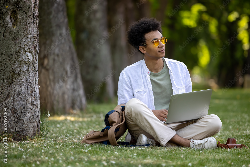 Obraz premium Young curly-haired man working on laptop in the park