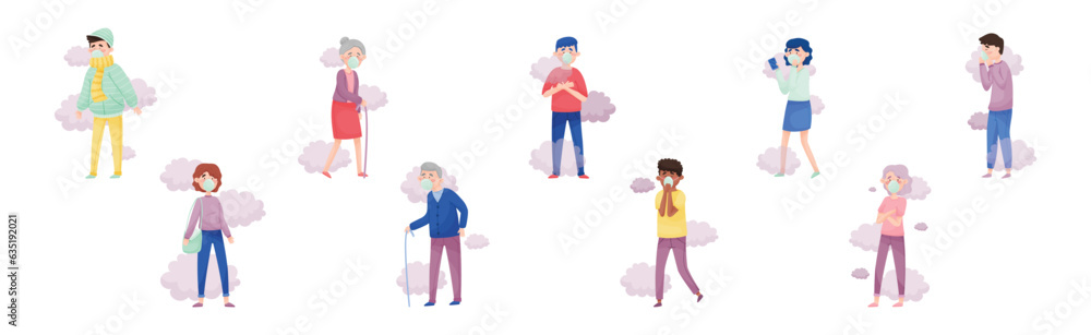 People Wearing Masks Because of Bad Air and Dust in the City Vector Set People Wearing Masks Because of Bad Air and Dust in the City Vector Set
