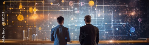 Businessman and scientist together looking at digital concept