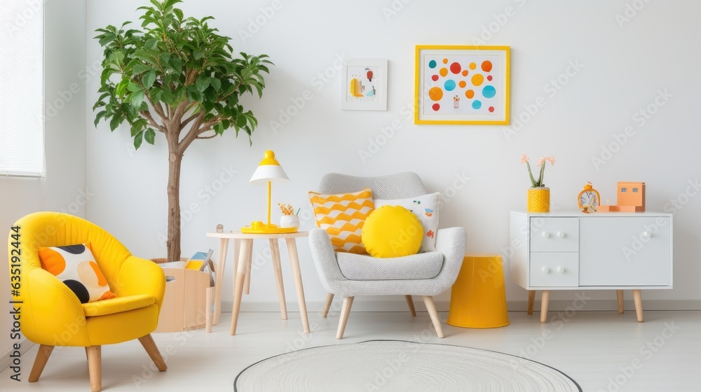Fototapeta premium White child's bedroom interior design with vivid vibrant summer color furniture. Generative AI