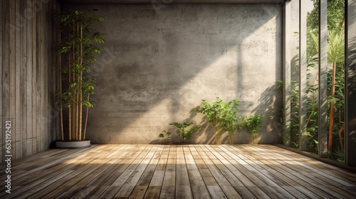 Room with concrete walls, green plants and bench, minimalistic style. beautiful mockup