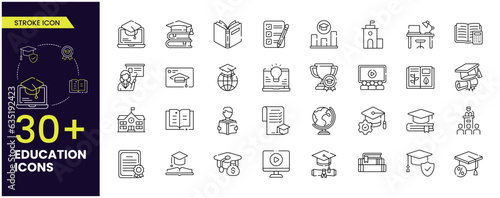 Collection of stroke icons for education. Natural and mathematical science, additional education, tutorship Set of education signs and symbols.