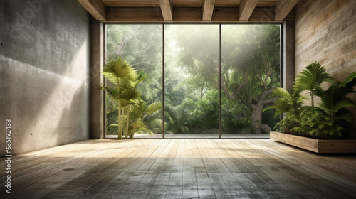 Room with concrete walls, green plants and bench, minimalistic style