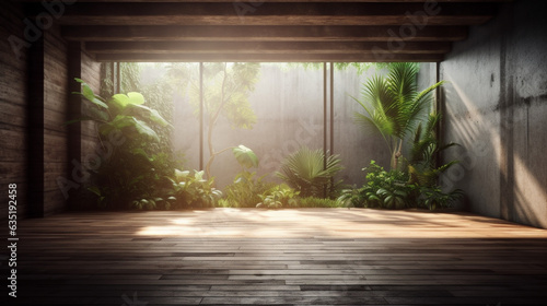 Room with concrete walls, green plants and bench, minimalistic style