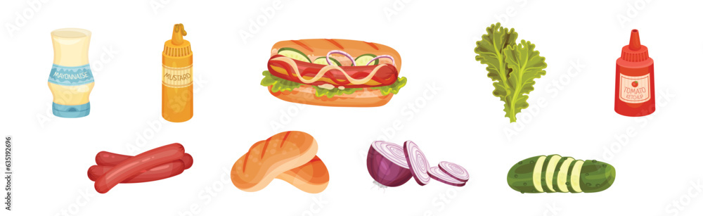Hot Dog Sandwich Ingredients with Sausage, Bun, Cucumber and Onion Vector Set Hot Dog Sandwich Ingredients with Sausage, Bun, Cucumber and Onion Vector Set