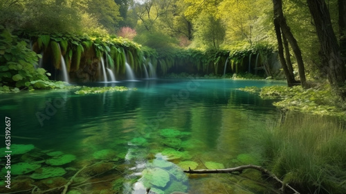 Exotic waterfall and lake panorama landscape