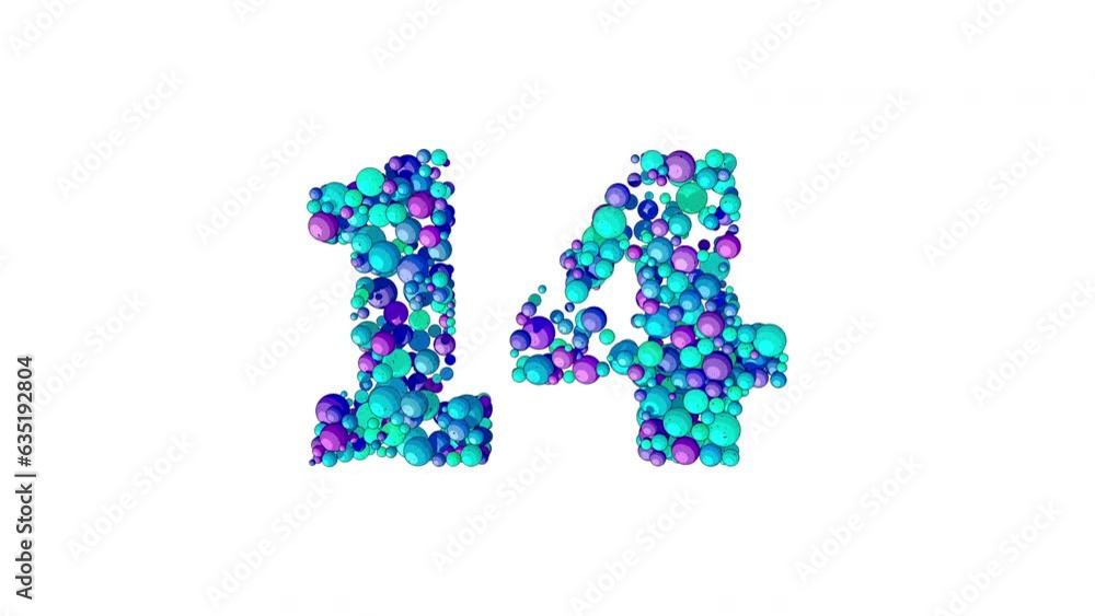 Number 14 reveal in cartoon style with dynamic multicolored balls for learning numbers, digits and counting. 4K 3 d render isolated on white background. Number 14 reveal in cartoon style with dynamic multicolored balls for learning numbers, digits and counting. 4K 3 d render isolated on white background.