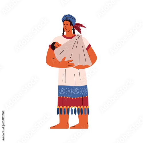 Beautiful Mayan tribal woman with baby in a sling wearing authentic dress, vector mother or nanny taking care of child