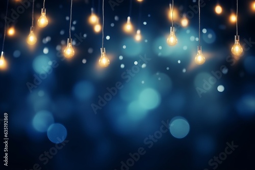 Embodying the festive spirit, this image captures the twinkling bokeh of Christmas garland lights, setting them against a deep blue background. A stunning representation of holiday illumination and ..