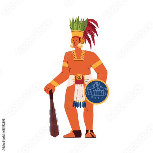 Maya male warrior in traditional ethnic clothes and feather headdress standing with club and shield vector illustration