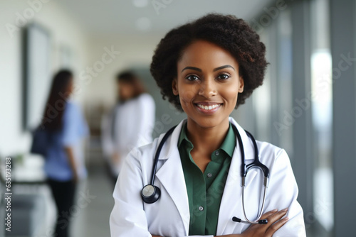 smiling black woman doctor with stethoscope, with his arm crossed.