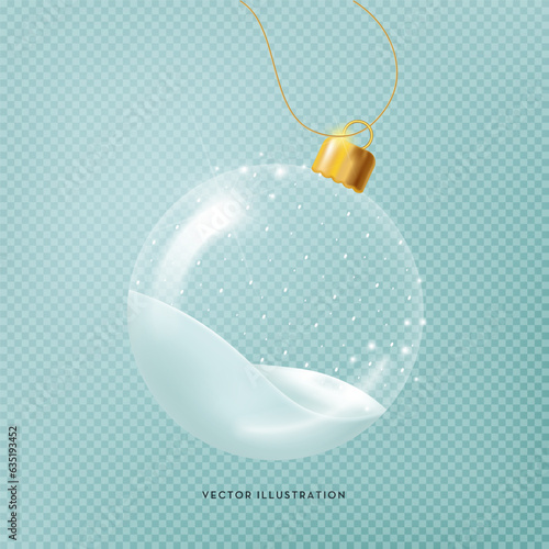 Transparent Christmas ball with snow inside. Vector isolated illustration in realistic 3D style