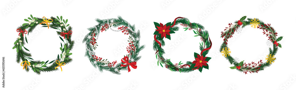 Green Christmas Fir and Pine Wreath with Ribbon Bow Vector Set Green Christmas Fir and Pine Wreath with Ribbon Bow Vector Set