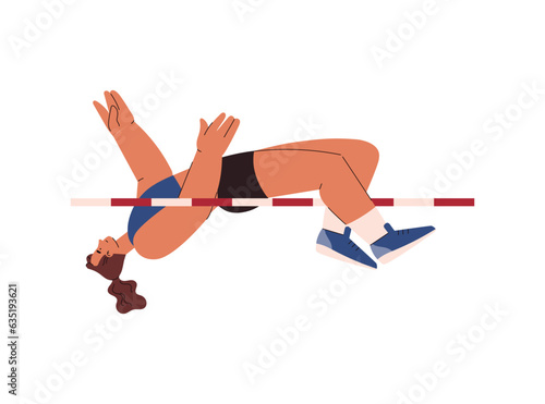 Female track and field athlete doing high jump, flat vector illustration isolated on white background.