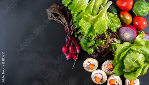 Top view of vegetables on the dark black background, Concept of fresh fruits and vegetables, World Vegetarian Day, Generative AI