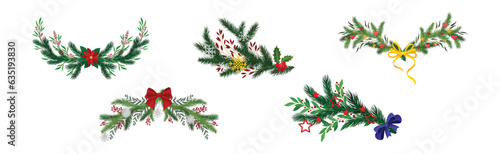 Green Christmas Fir and Pine Branch with Ribbon Bow Vector Set