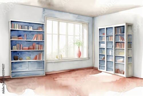 A Watercolor Painting Of A Room With Bookshelves And A Vase