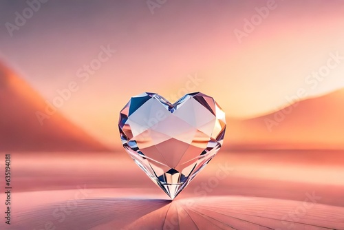 Crystal heart on a purple pink background with copy space, banner, flat lay, top view. Generative AI