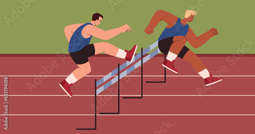 Men fast run hurdle race in the stadium, Athletic Steeplechase competition, vector runners athletes through obstacles