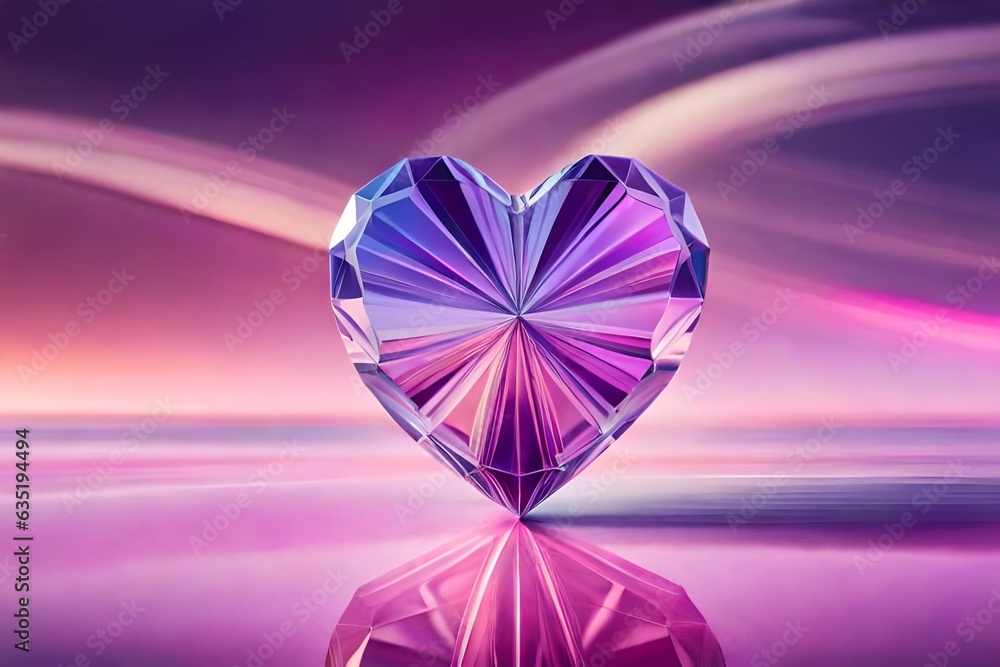 Crystal heart on a purple pink background with copy space, banner, flat lay, top view. Generative AI Crystal heart on a purple pink background with copy space, banner, flat lay, top view. Generative AI