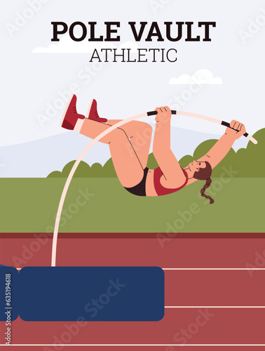 Pole vault athletic vector poster, vault jumper female athlete pole jump, cartoon sportswoman competition