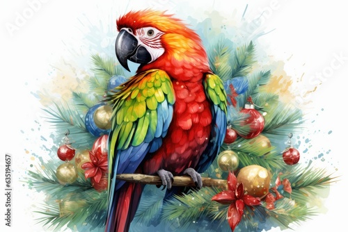 christmas parrot surrounded by colorful christmas ornaments © PinkiePie