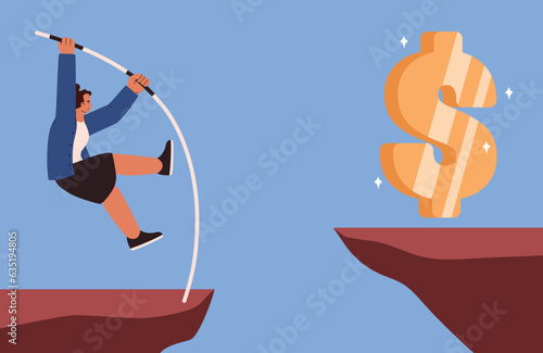 Business risk challenge, success strategy, vector cartoon woman jumping with pole vault to achieve big golden dollar over the cliff