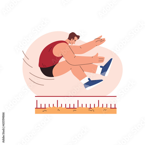 Long jump athlete in motion vector flat illustration, man in flight, sand pit with measuring scale, sport competition