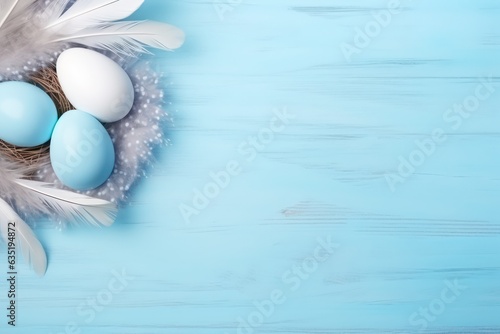 Banner. Easter eggs feathers in a nest on a blue wood