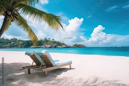 Beautiful beach. Chairs on the sandy beach near the sea © Anatolii