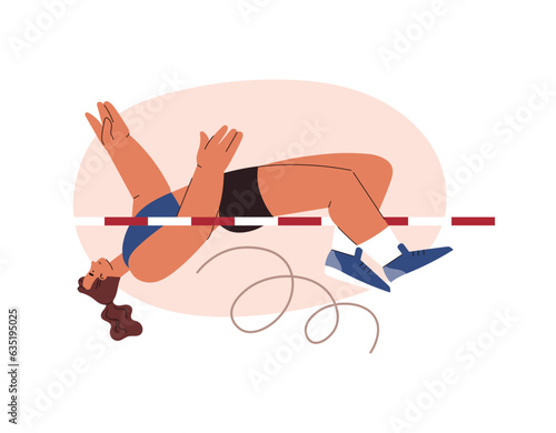 Athletic woman jumping over bar, flat vector illustration isolated on white background.