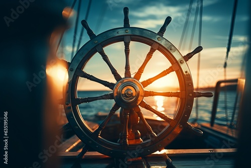 boat wheel with sun shining