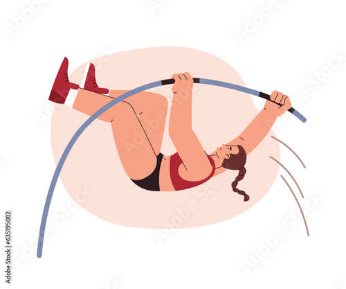 Pole vault athletic vector flat illustration, vault jumper female athlete pole jump, cartoon sportswoman in motion