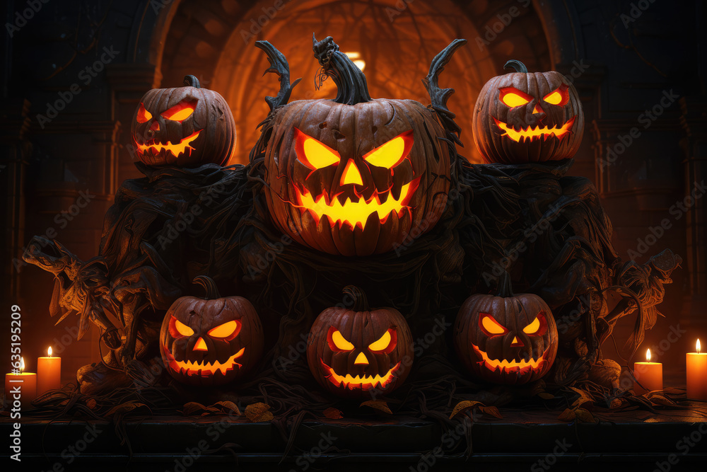 Halloween night. Candle lit Halloween Pumpkins. Halloween Backdrop with spooky pumpkins. Post-processed generative AI Halloween night. Candle lit Halloween Pumpkins. Halloween Backdrop with spooky pumpkins. Post-processed generative AI