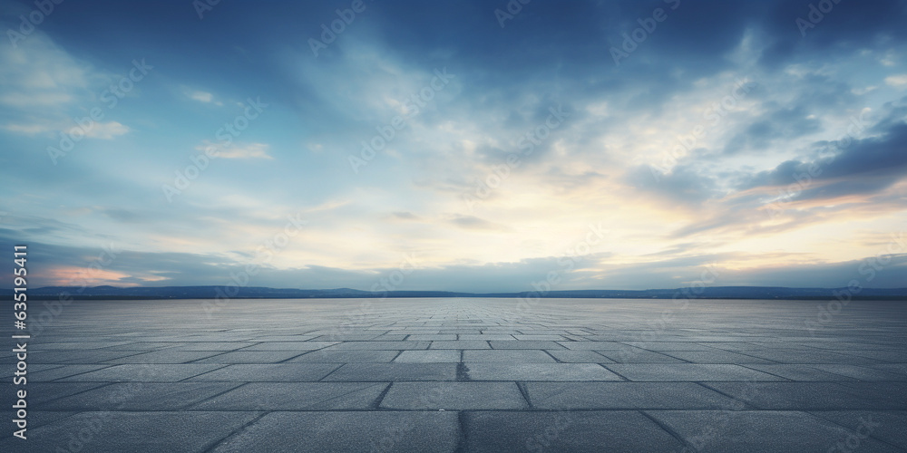 The horizon and the cloudy sky as a background, in the foreground an empty square. AI generated. - obrazy, fototapety, plakaty 
