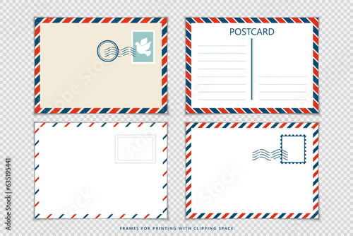 Simple Postal cards. Greetings postcard vector template. Postage card, vintage post stamp, postal postmark, airmail in old style.