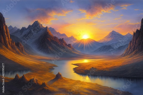 A Painting Of A Sunset Over A Mountain Range