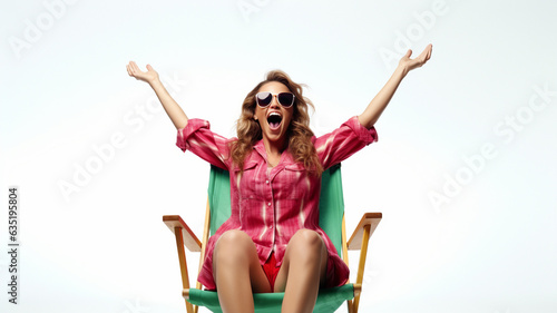 Joyful young woman in sunglasses sits in a sun lounger and raised her hands up, white background. AI generated.