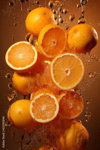 slices of orange falling onto a light orange table. Dark orange background generative ai