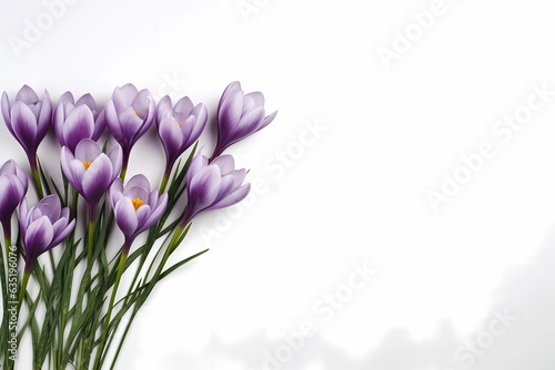 greeting card with crocuses on a white background with space for text © Tatiana