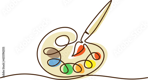 Brush and painting palette with paints. Continuous one line drawing.