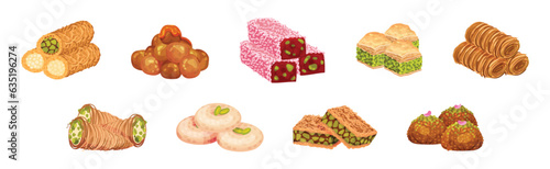Tasty Oriental Sweets and Turkish Delights Vector Set