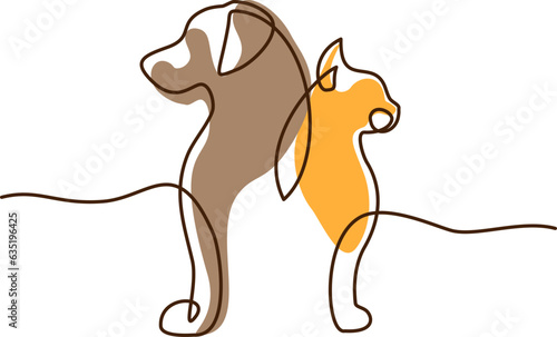 Pet symbol with cat and dog profiles. Continouos one line drawing.
