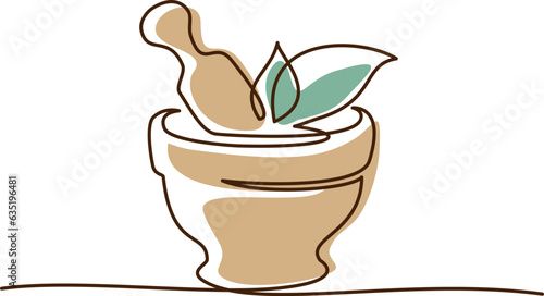 Pharmacy mortar and pestle with herbs. Continuous one line drawing.