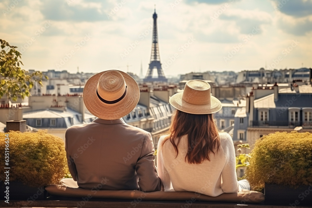 A man and a woman sit on the terrace of a penthouse and admire the view of Paris.